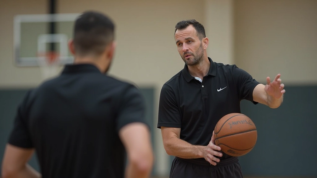مدرب كرة سلة يعلم لاعباً تقنية التصويب الصحيحة