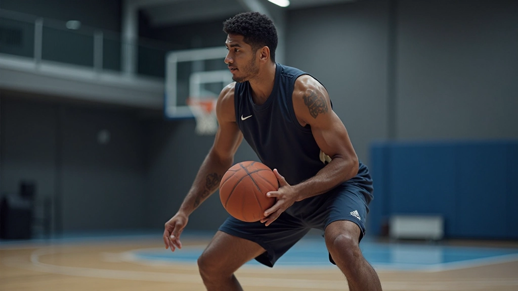 لاعب كرة سلة يؤدي تمارين الدفاع والحركة السريعة